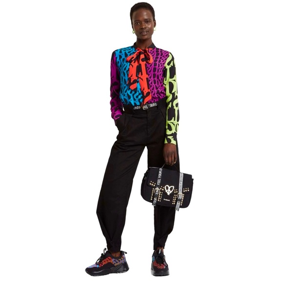 Desigual Logomania Blouse Womens Medium P-Bow Colorful Bold Print Lacroix Artsy - Picture 11 of 16